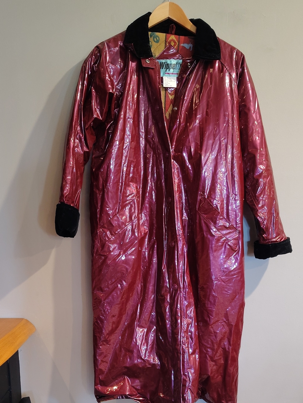 Vintage Wippette Women's Small Patent Burgundy Lined Black Velvet Trim Raincoat